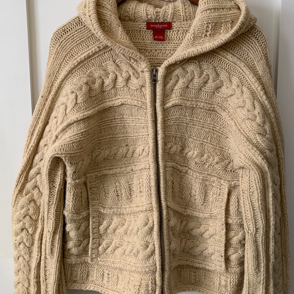 SUNDANCE WOOL CABLE KNIT ZIP FRONT HOODIE SWEATER